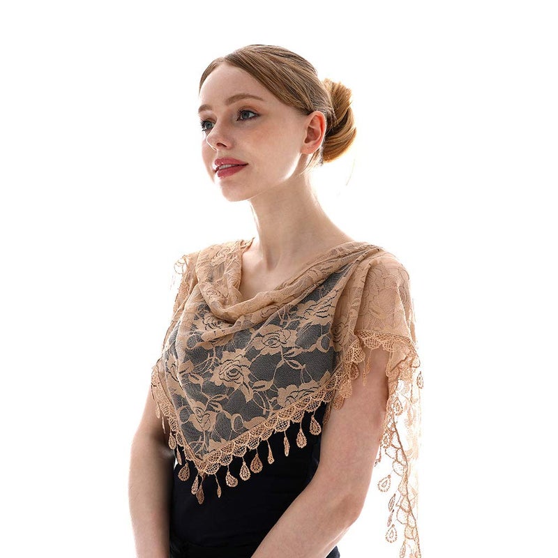 LMVERNA Triangle Tassel Mantilla Veil Lightweight Fashion Floral Soft Lace Scarf (Nude) - Image 5